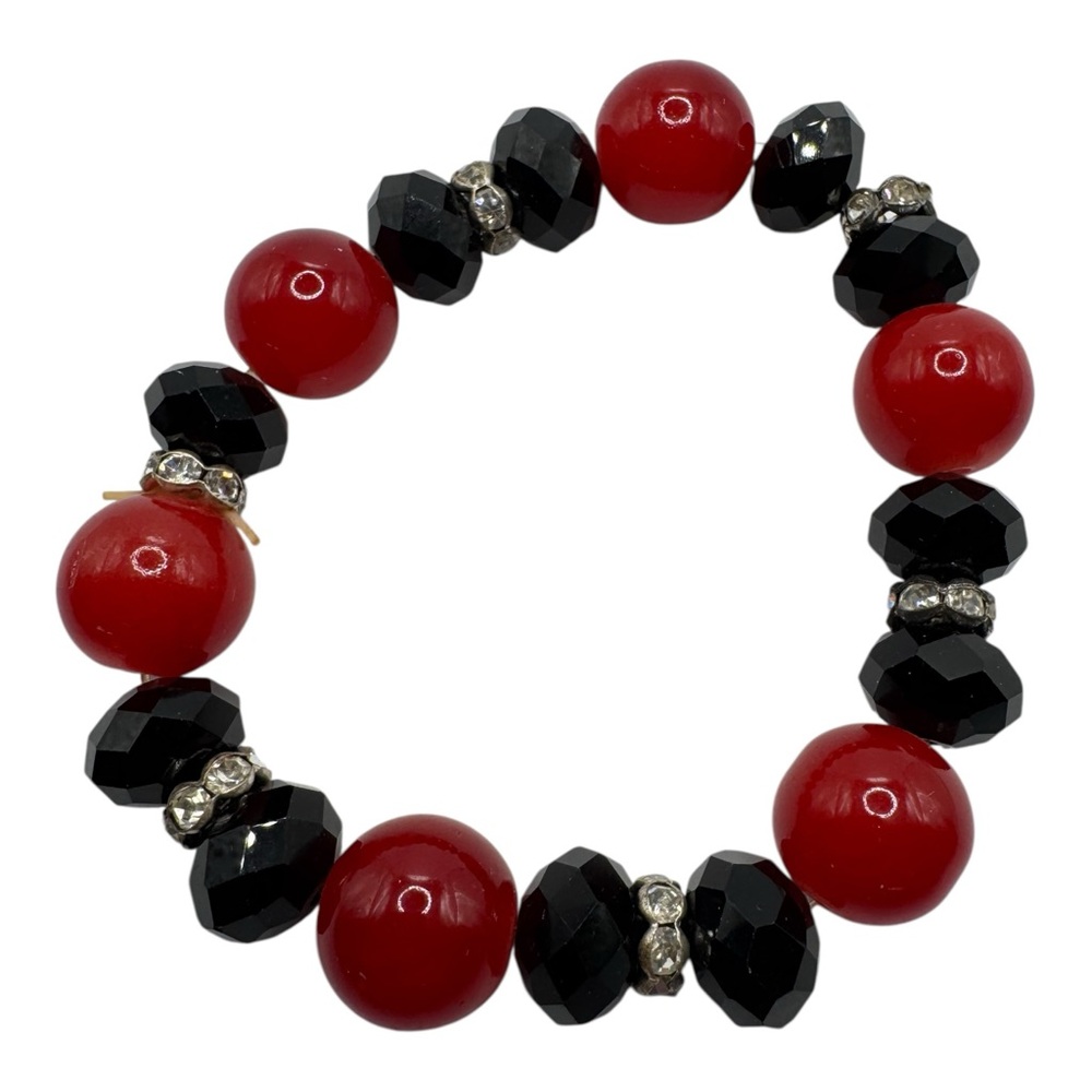 Red & Black Beaded Stretch Bracelet‎ with Rhinestone Spacers Chunky Bold Jewelry
